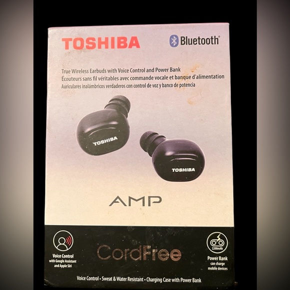 Toshiba Bluetooth wireless earbuds with voice control and power bank